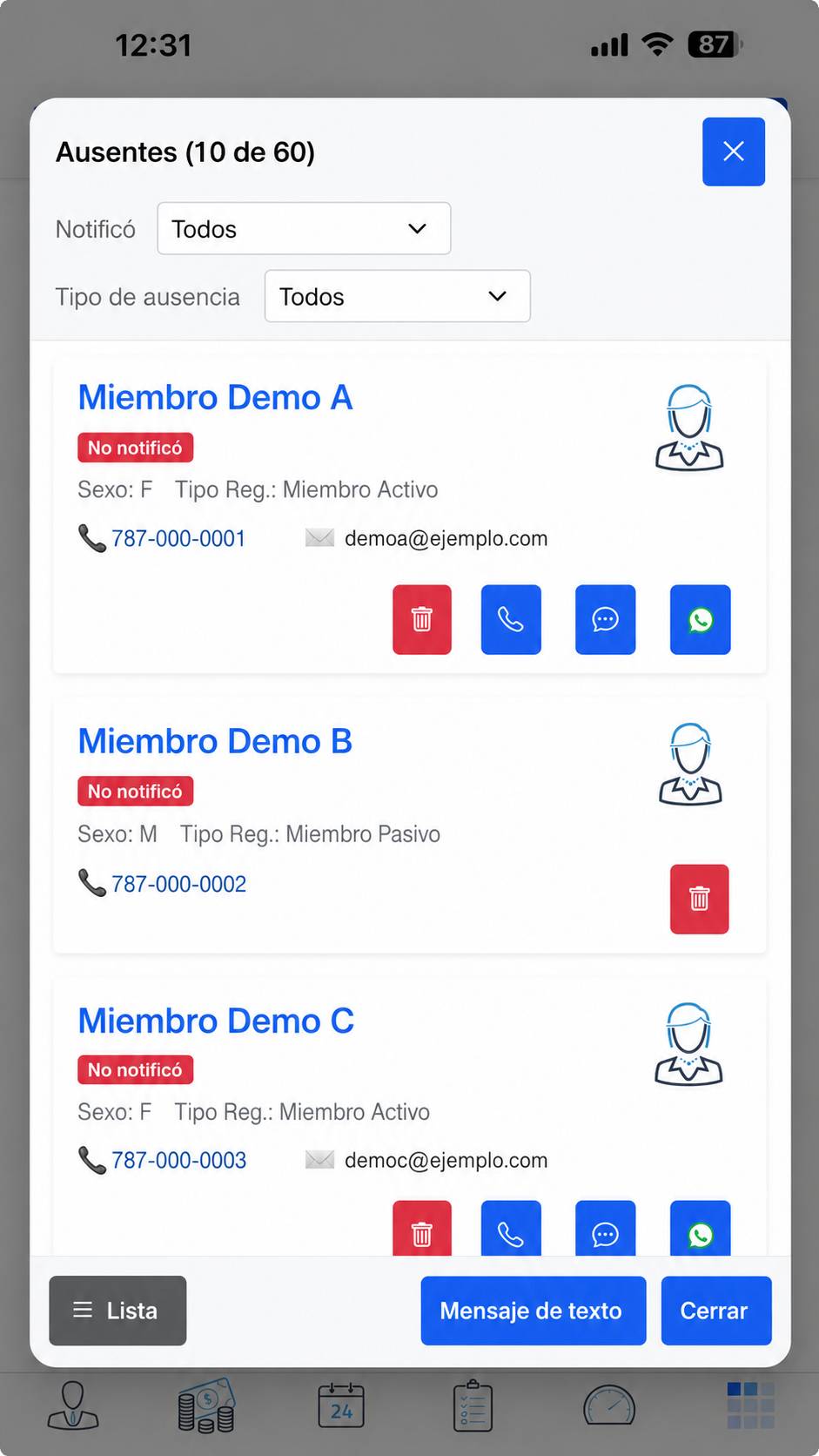 Lista de ausentes con seguimiento y opciones de contacto
