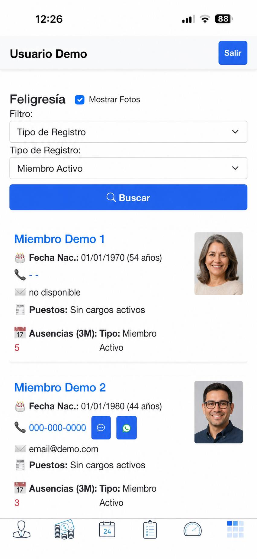Feligresía con tarjetas de miembros, foto y contacto