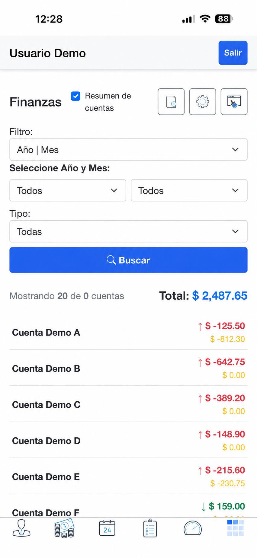 Resumen de cuentas de finanzas con totales por cuenta