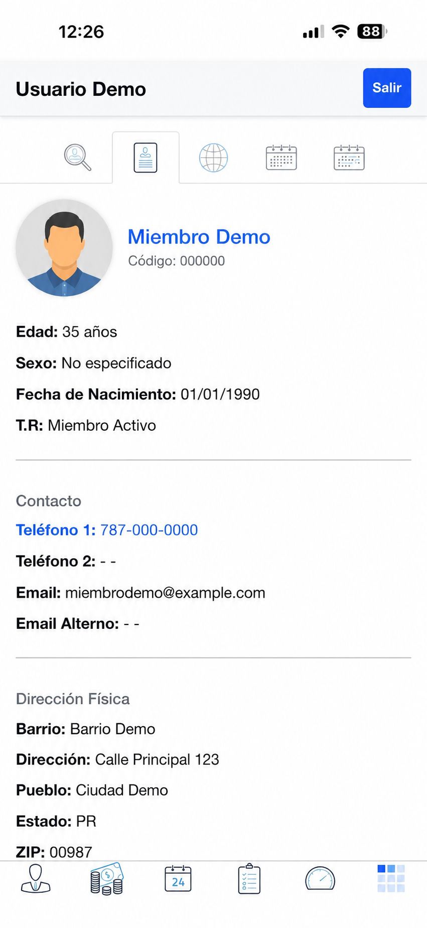 Perfil detallado de un miembro con datos de contacto y dirección
