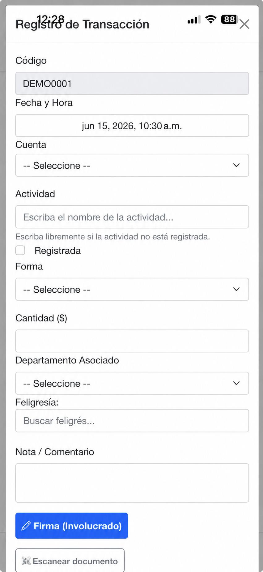 Formulario de registro de transacción financiera
