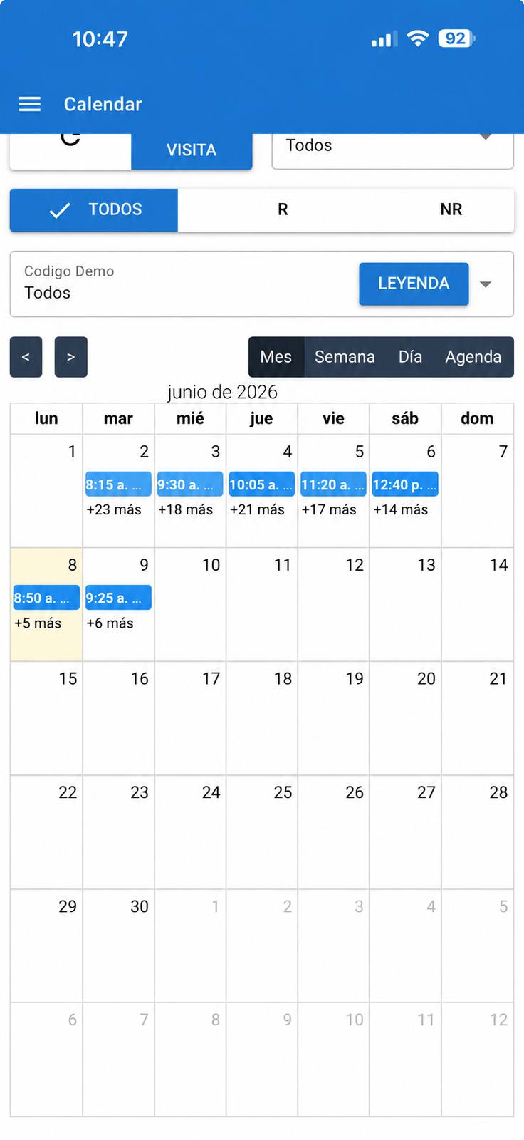 Calendario mensual con visitas programadas