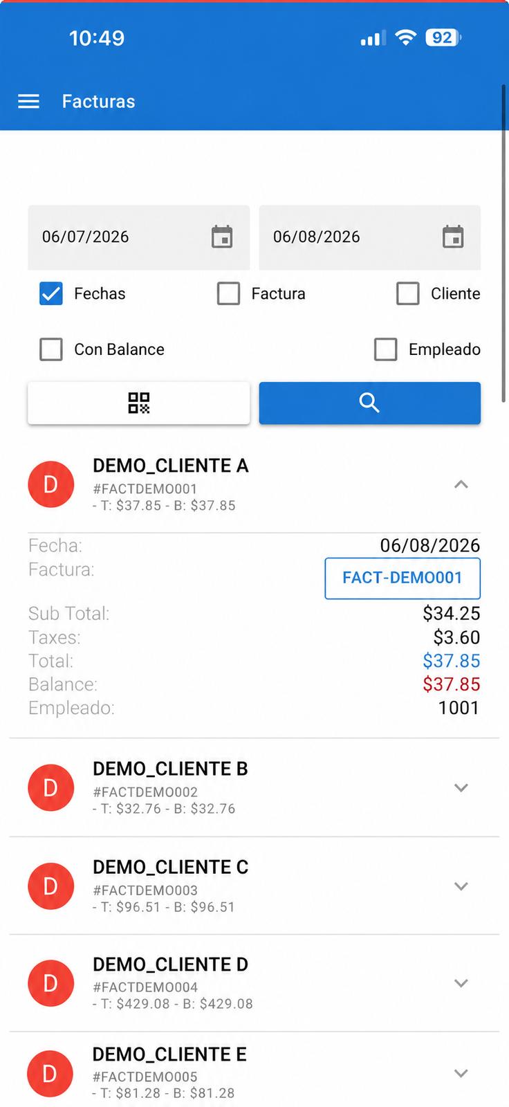 Listado de facturas por fecha con totales y balances