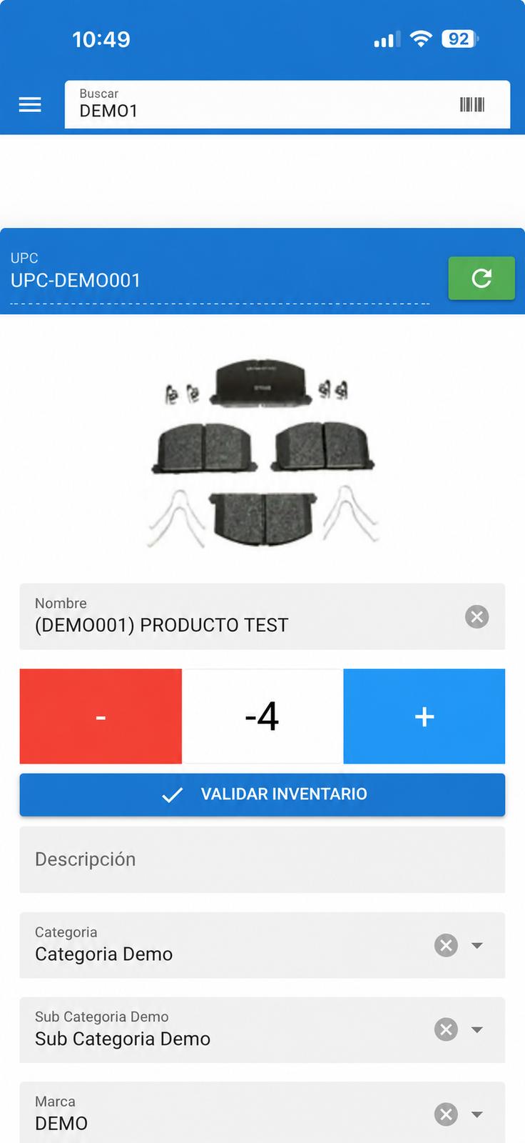 Pantalla de inventario con detalle de un producto y validación de existencias