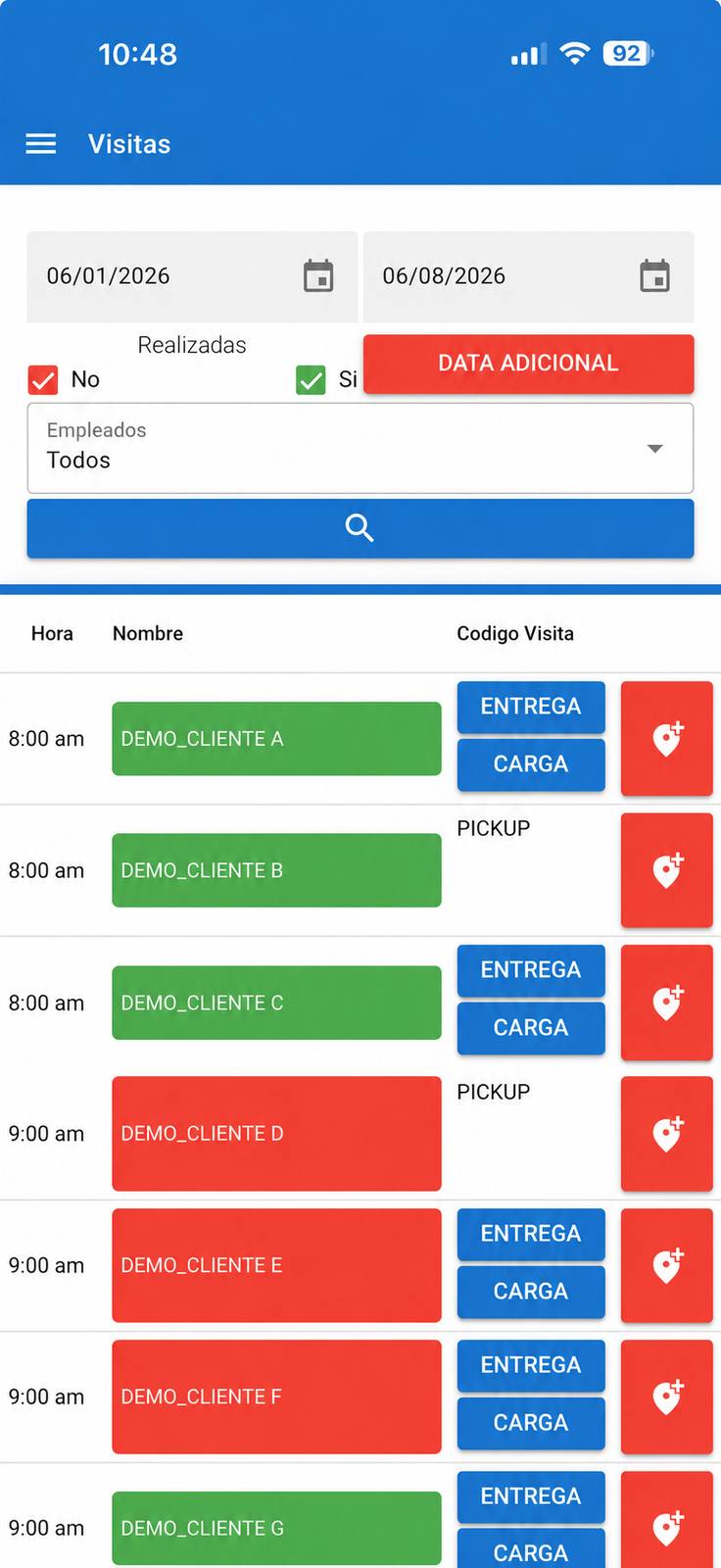 Lista de visitas del día con entregas, recogidos y cargas